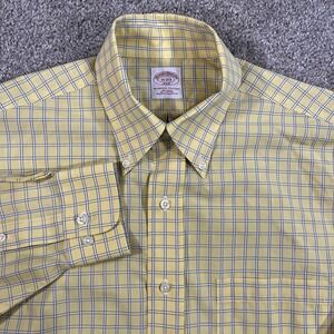 Brooks Brothers Button Down M Check Yellow Blue Non Iron Cotton Dress Shirt